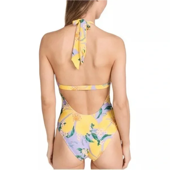 Floral Halter One-Piece Swimsuit - Yellow and Purple - Picture 3 of 6